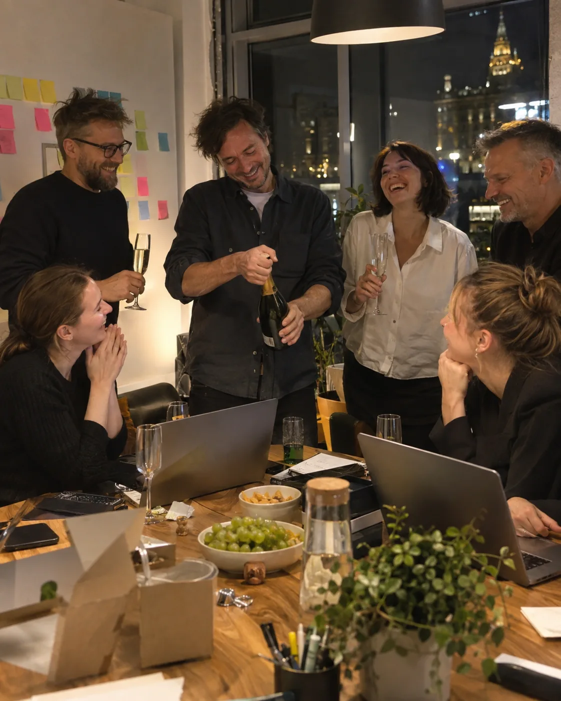 Команда открывает шампанское в&nbsp;честь конца проекта