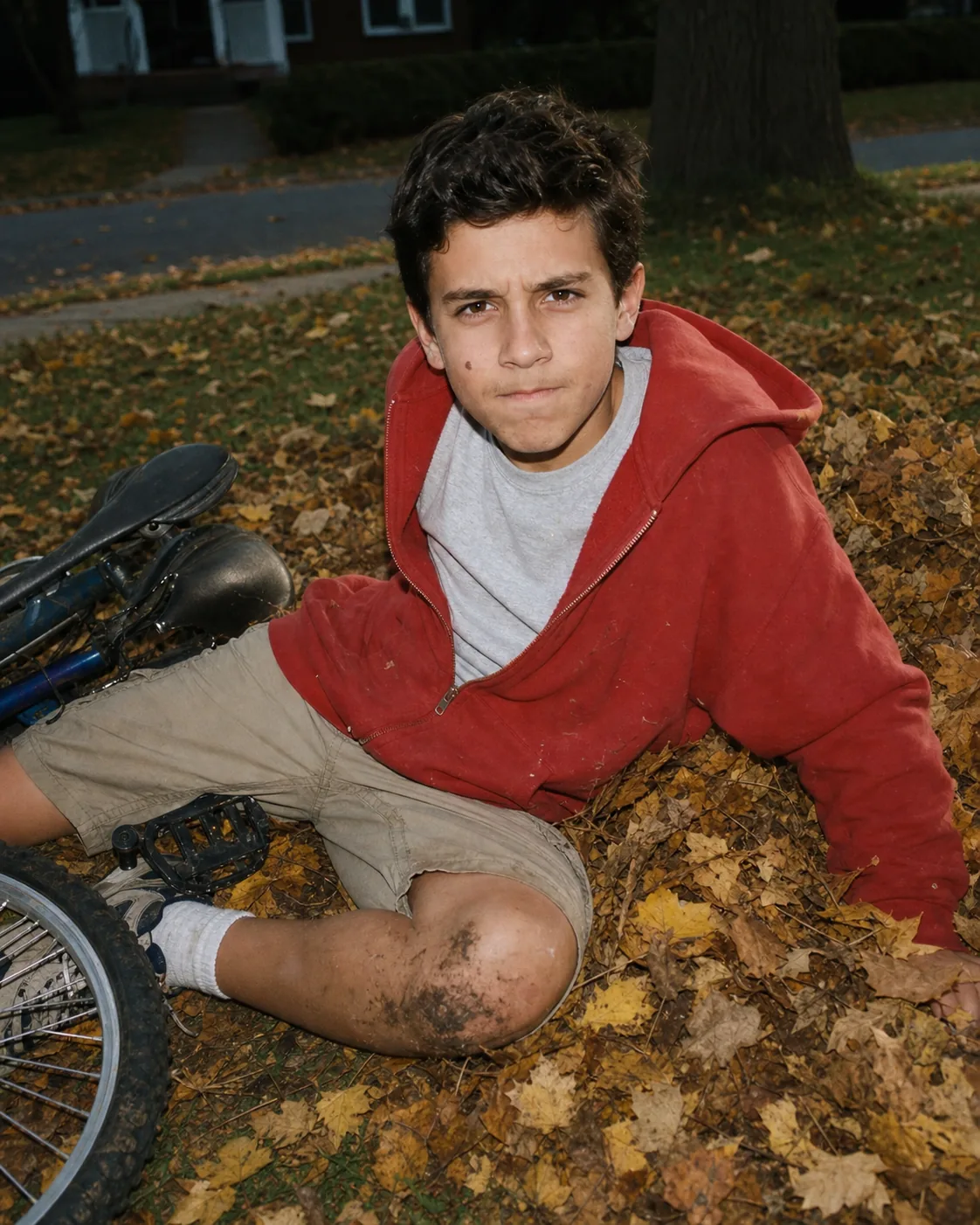 Young Alex with a bicycle in autumn leaves