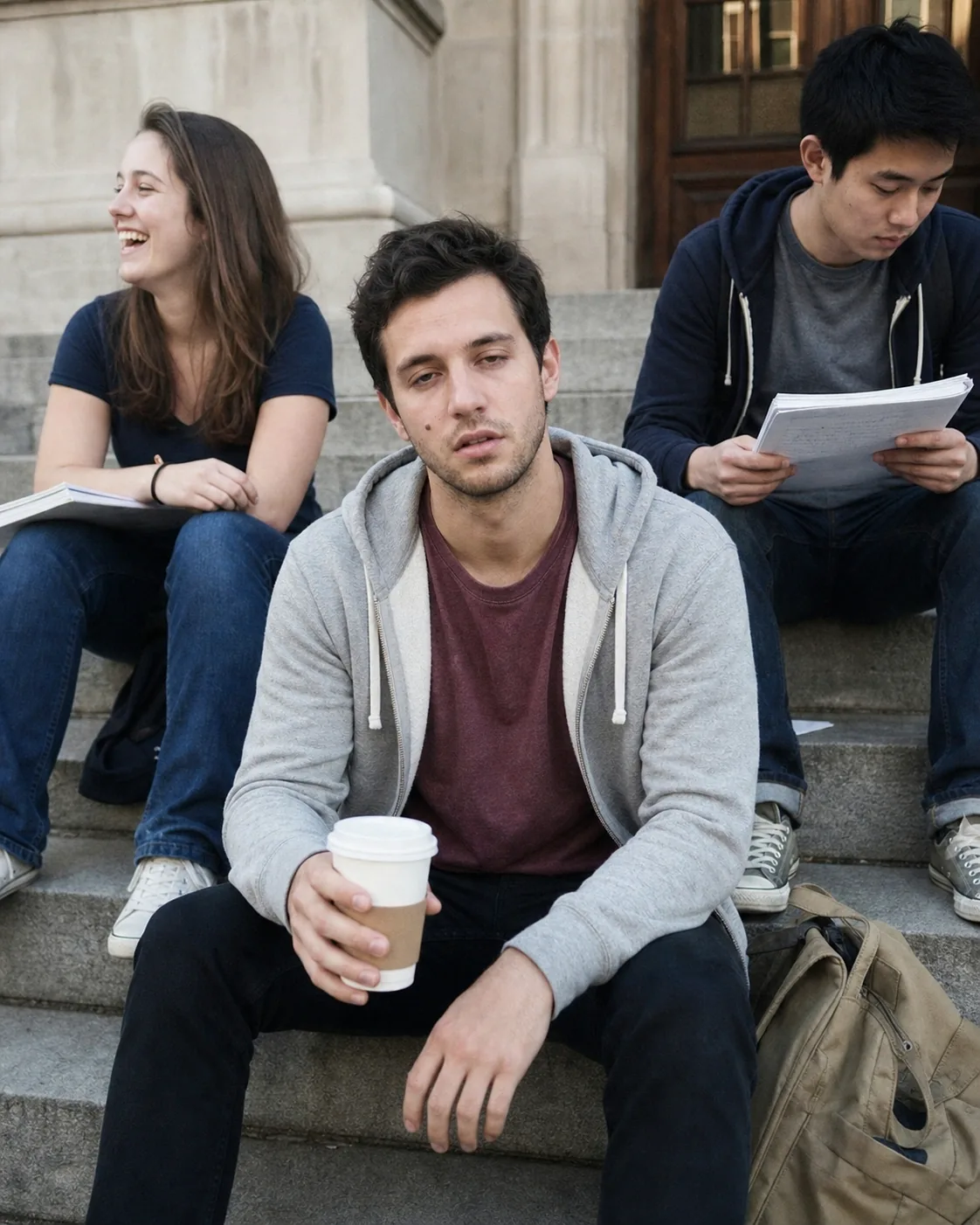 A tired young Alex sitting with classmates on university steps