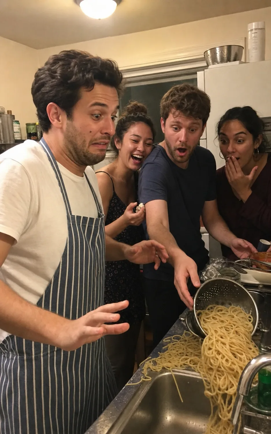 Alex and friends reacting to a kitchen pasta disaster