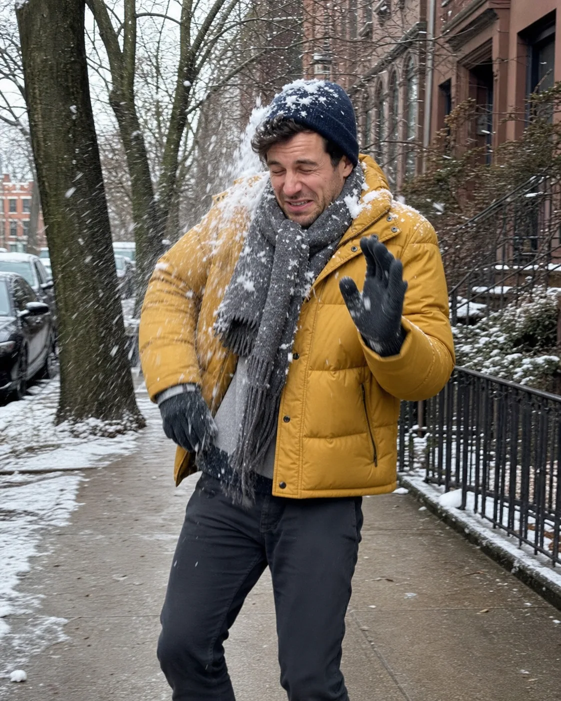 Alex grimacing as snow falls onto him