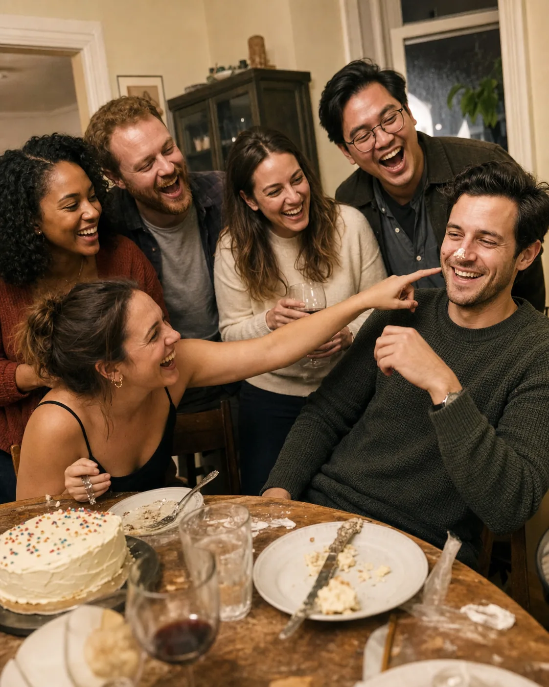 Alex with birthday frosting on his nose among friends