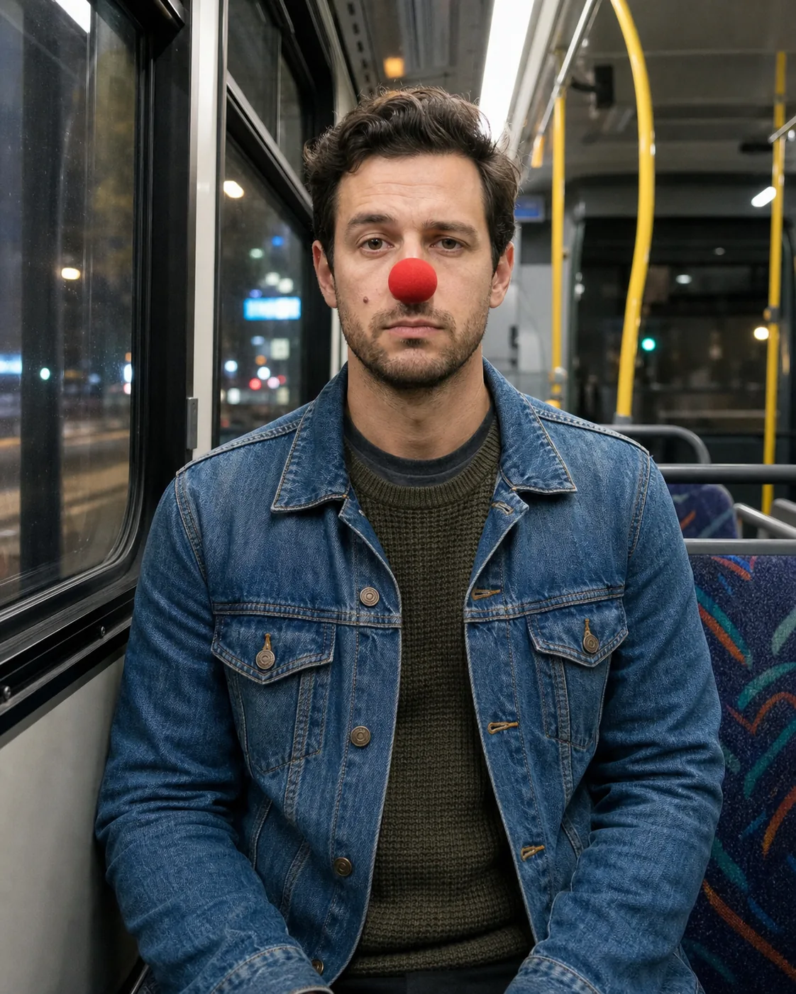 Alex wearing a clown nose with a deadpan expression