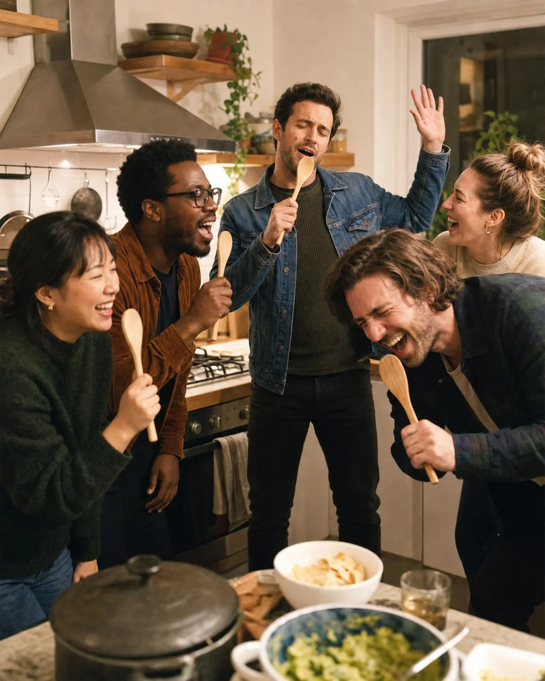 Alex singing kitchen karaoke with friends