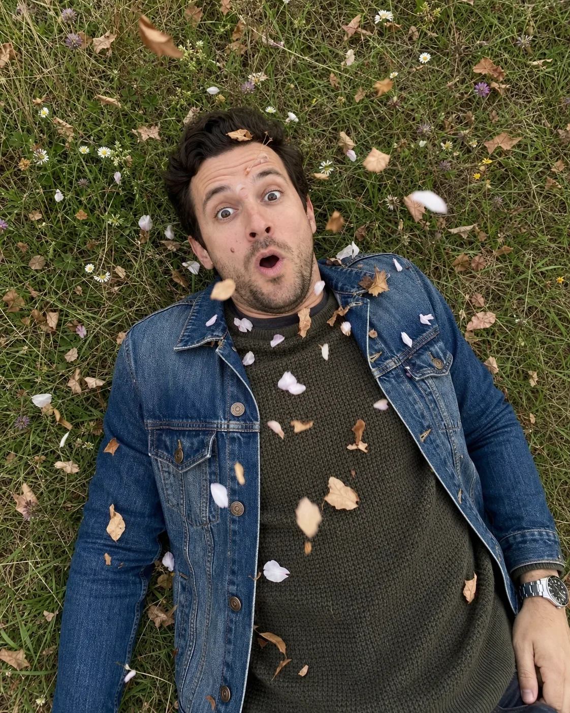 Alex lying in a meadow with a surprised expression