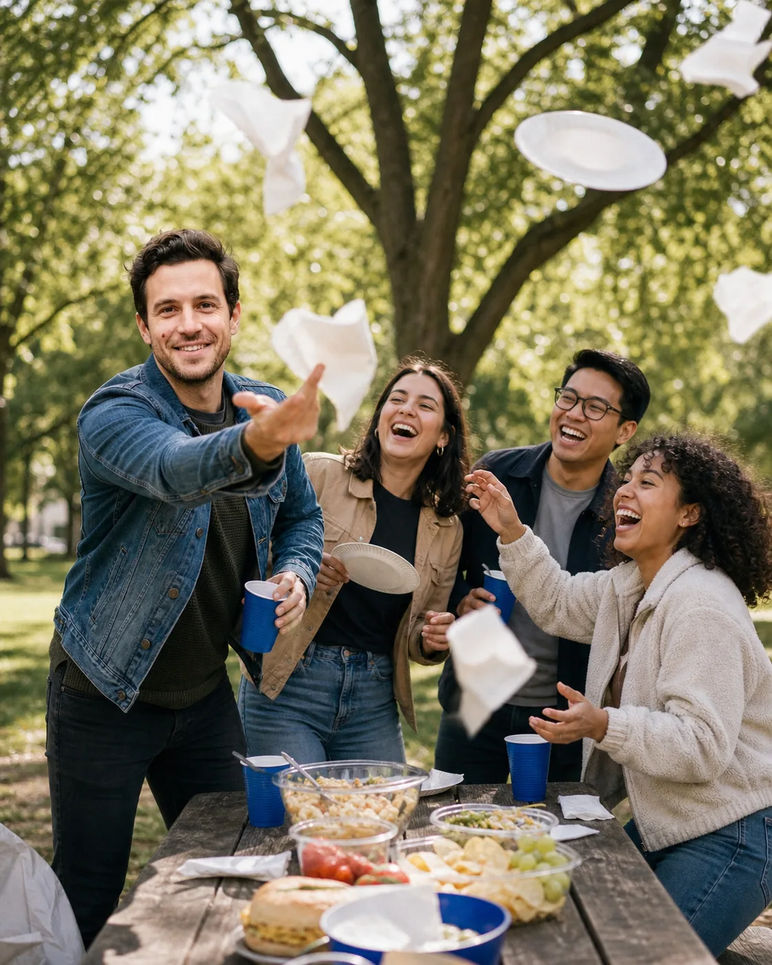 Alex and friends chasing picnic things in the wind