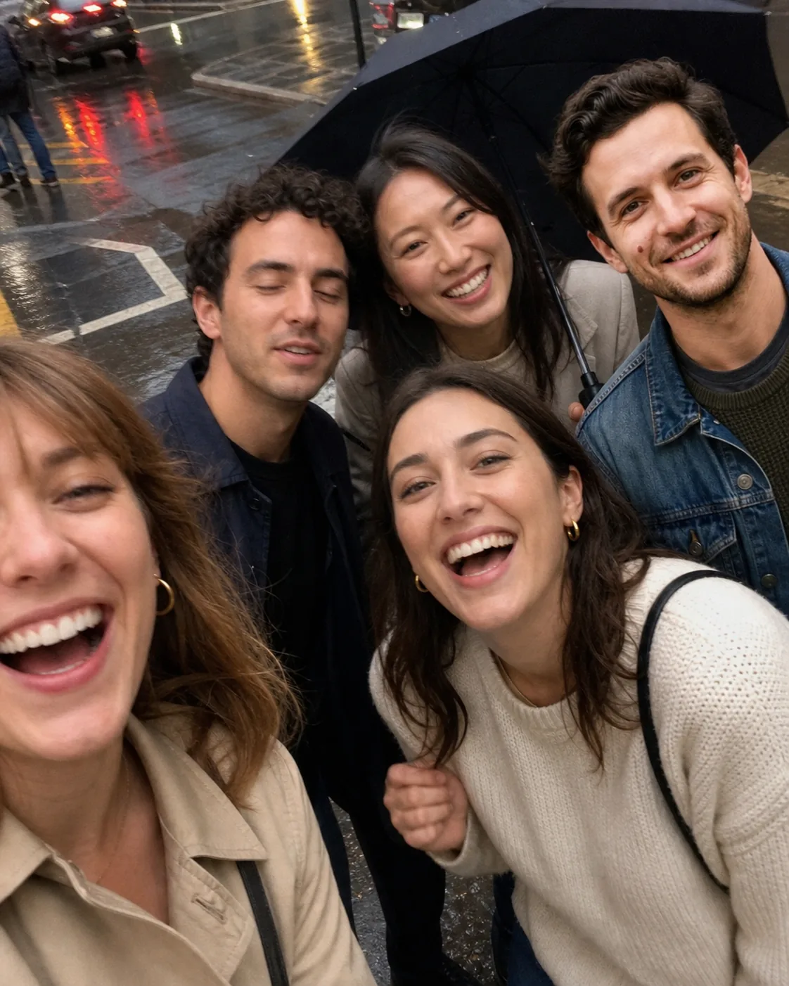 Alex squeezed into a crooked street selfie with friends
