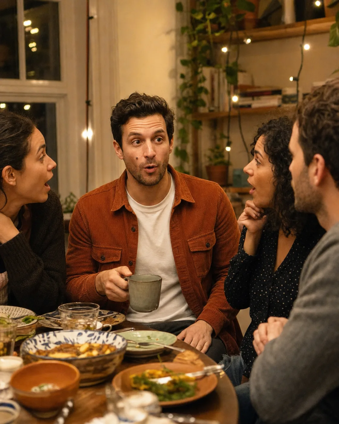 Alex reacting to a story over dinner with friends
