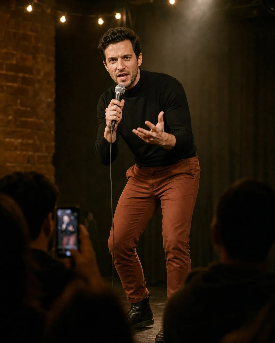 Alex telling a story on a small stage