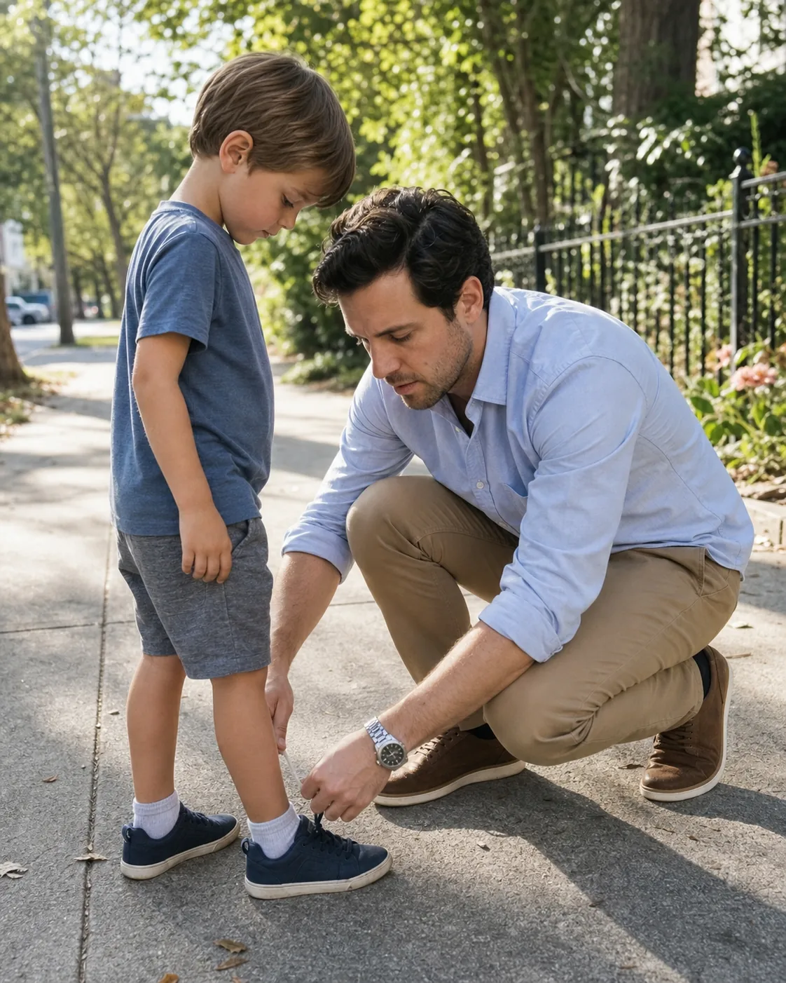Alex concentrating while helping a child tie a shoelace