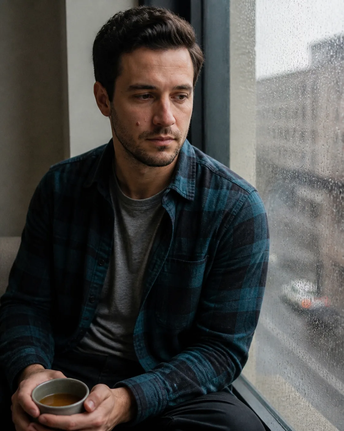 Alex sitting quietly beside a rainy window