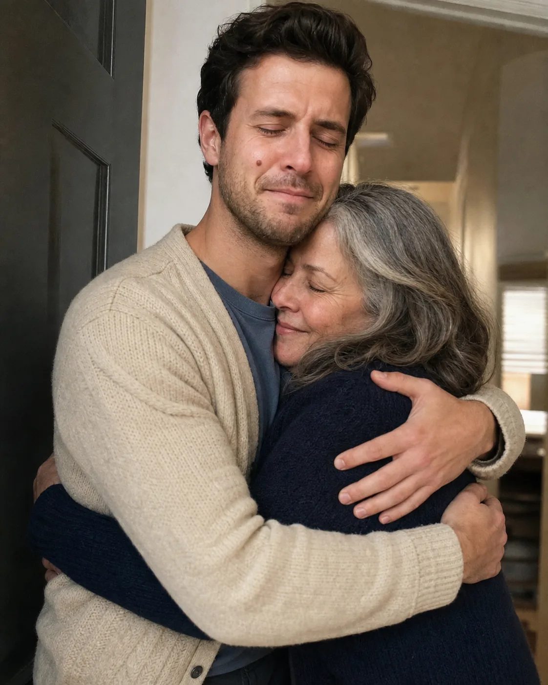 Alex hugging his mother at a doorway