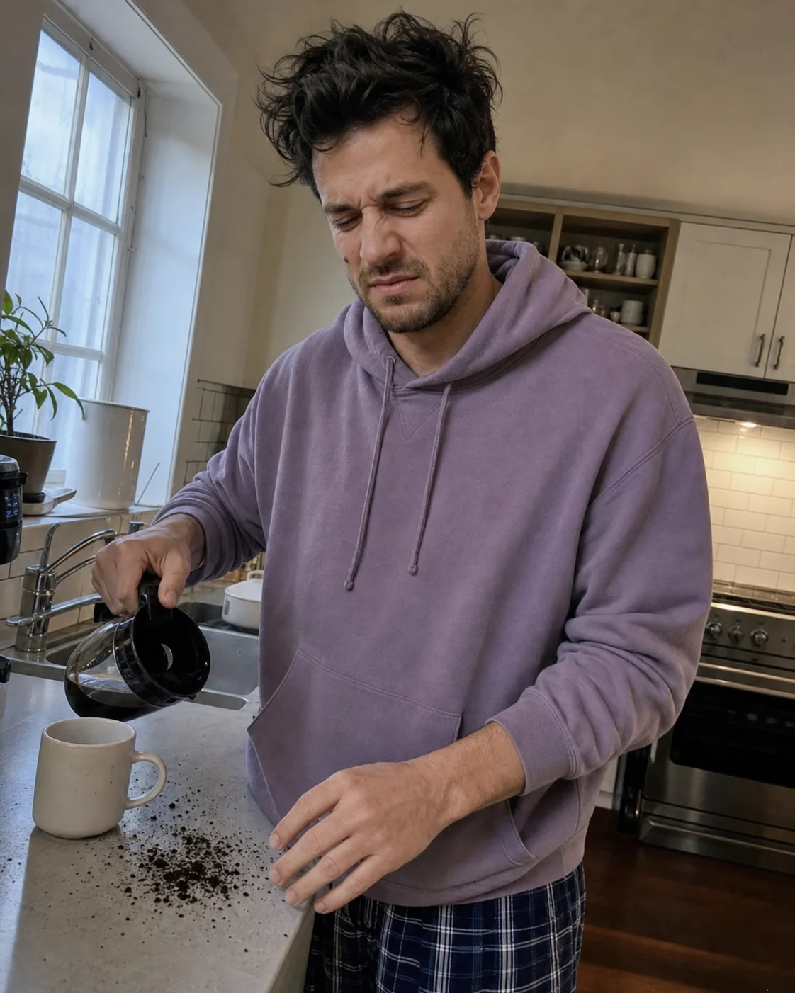A sleepy Alex spilling coffee grounds in the kitchen