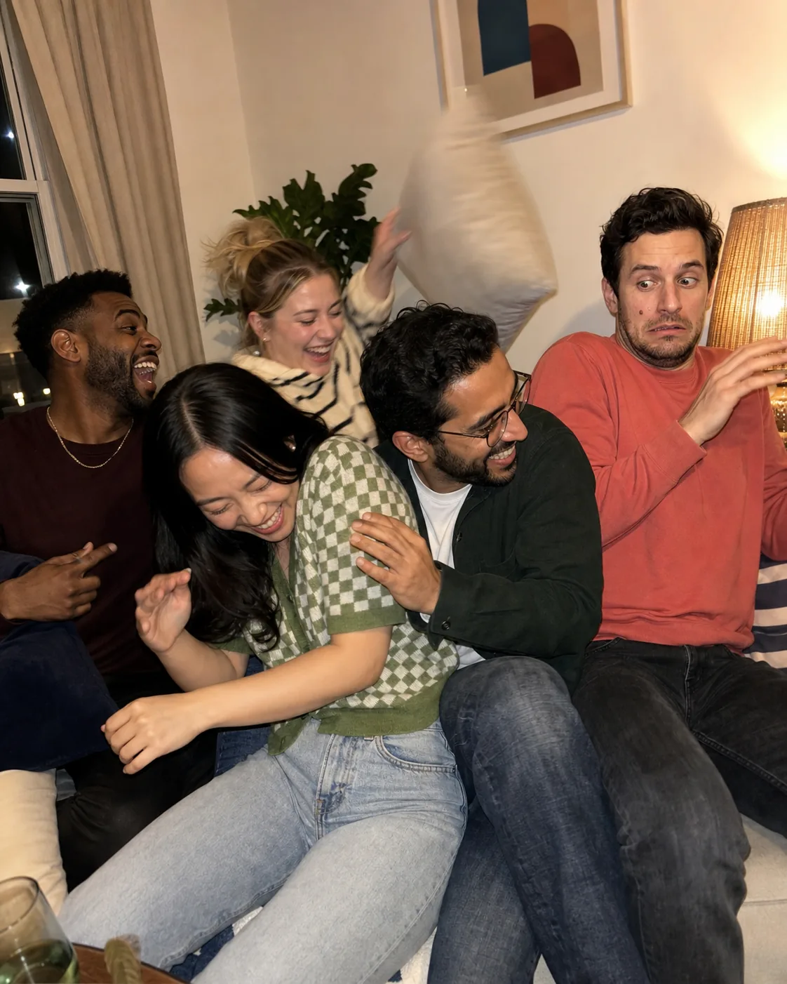 Alex startled during a chaotic evening with friends