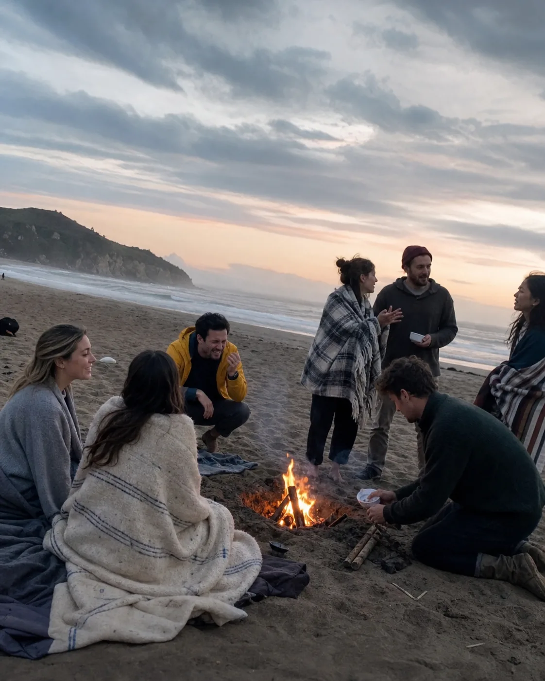 Alex with a group of friends around a beach bonfire