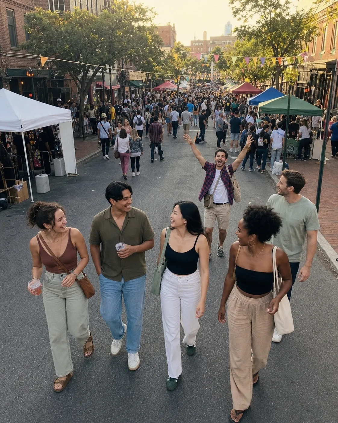Alex dancing behind friends at a street festival