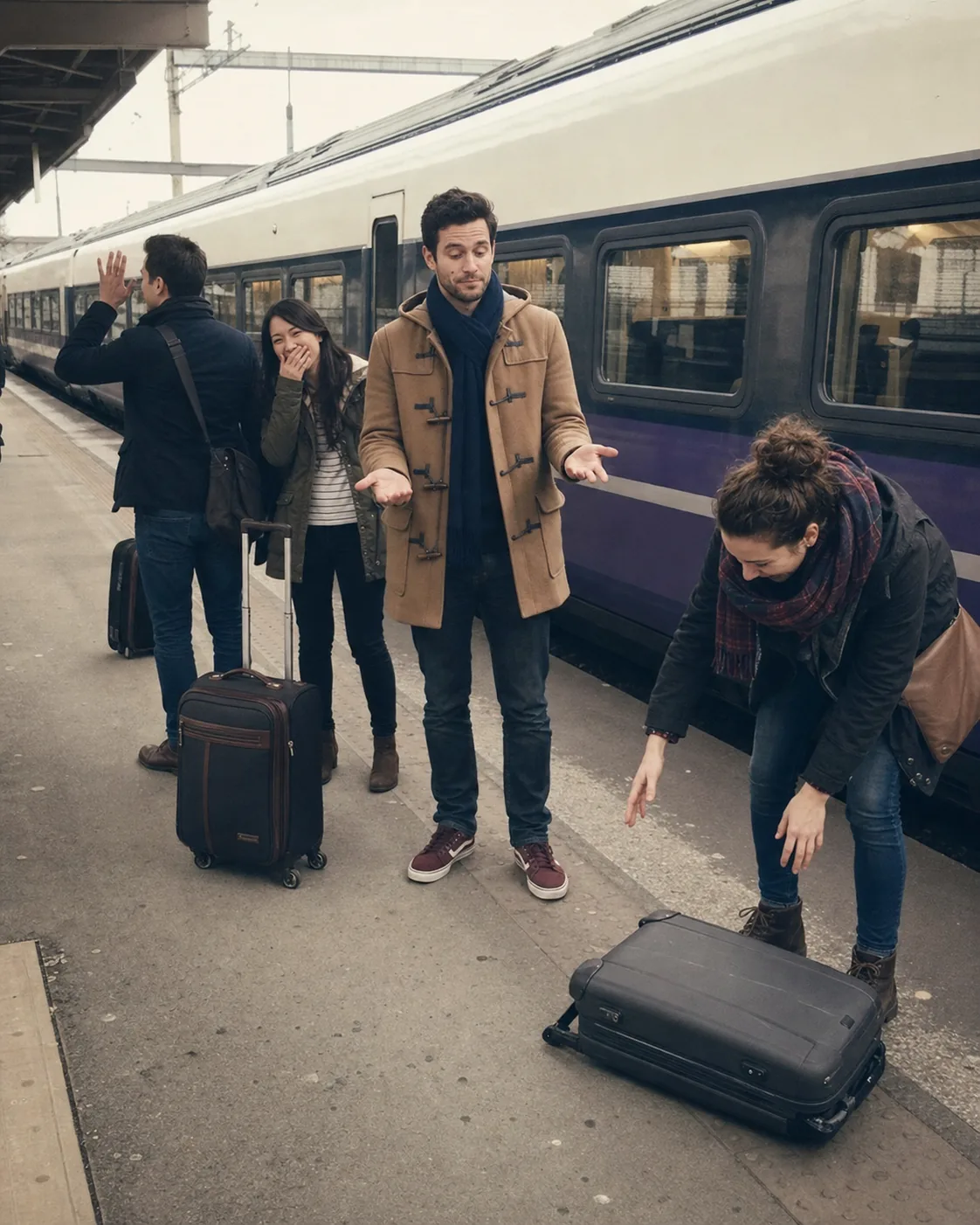 Alex and friends dealing with a fallen suitcase at a train station