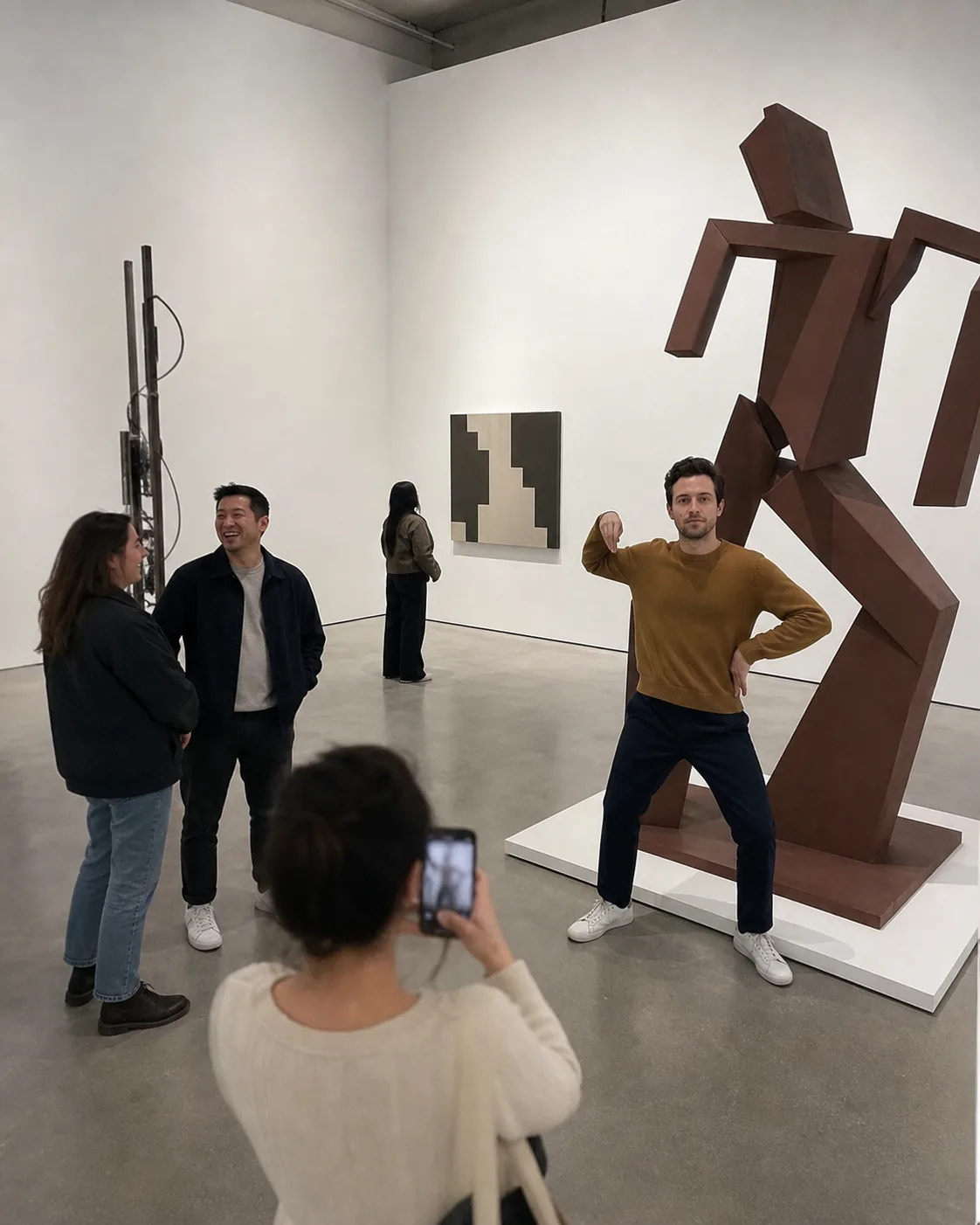 Alex copying the pose of an abstract museum sculpture