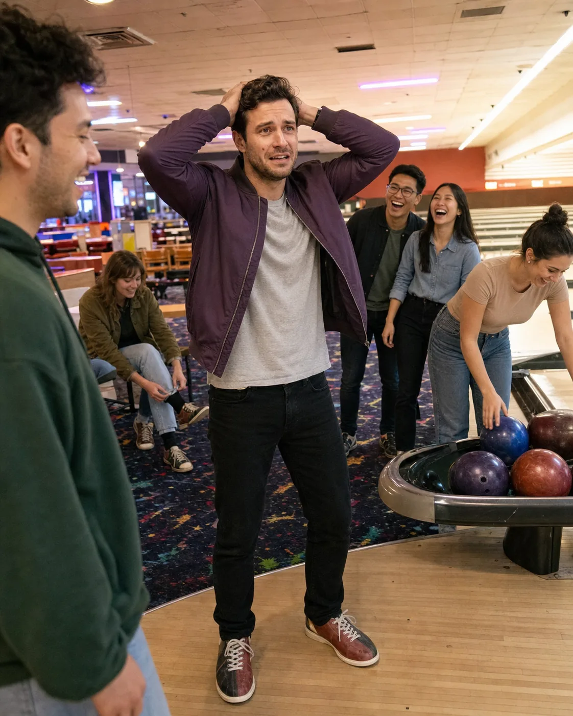 Alex reacting to a gutter ball with friends at a bowling alley