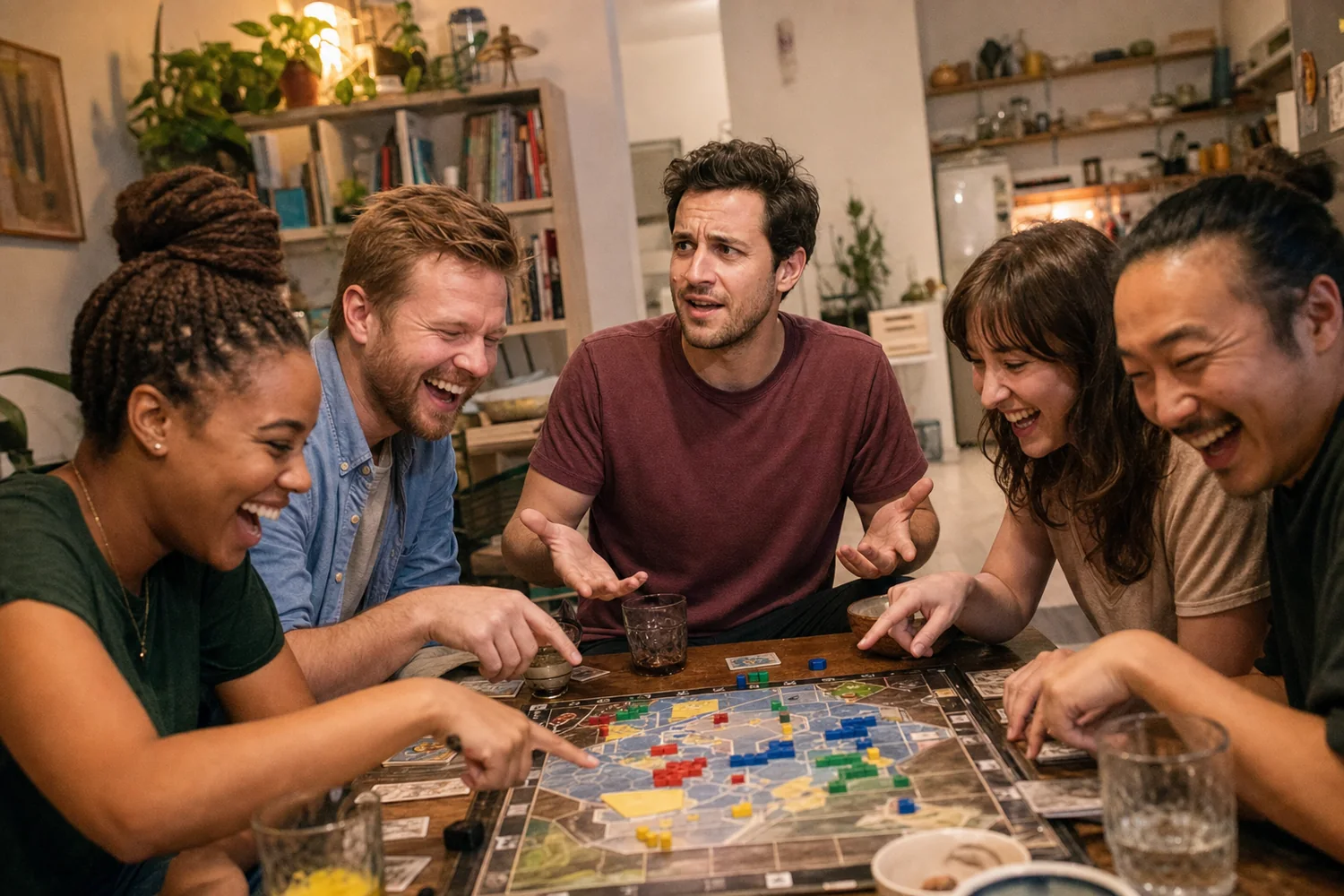 Alex looking baffled during a board-game night with friends