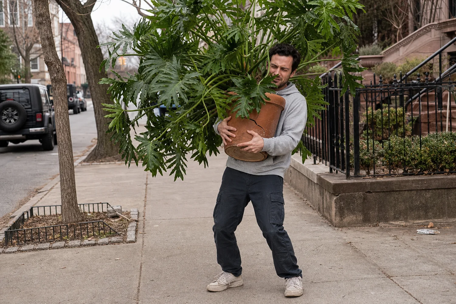 Alex struggling to carry a huge houseplant along a city street