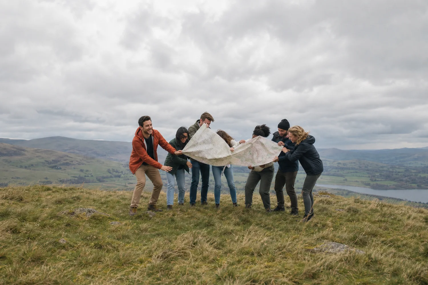 Alex and friends wrestling with a map on a windy hillside