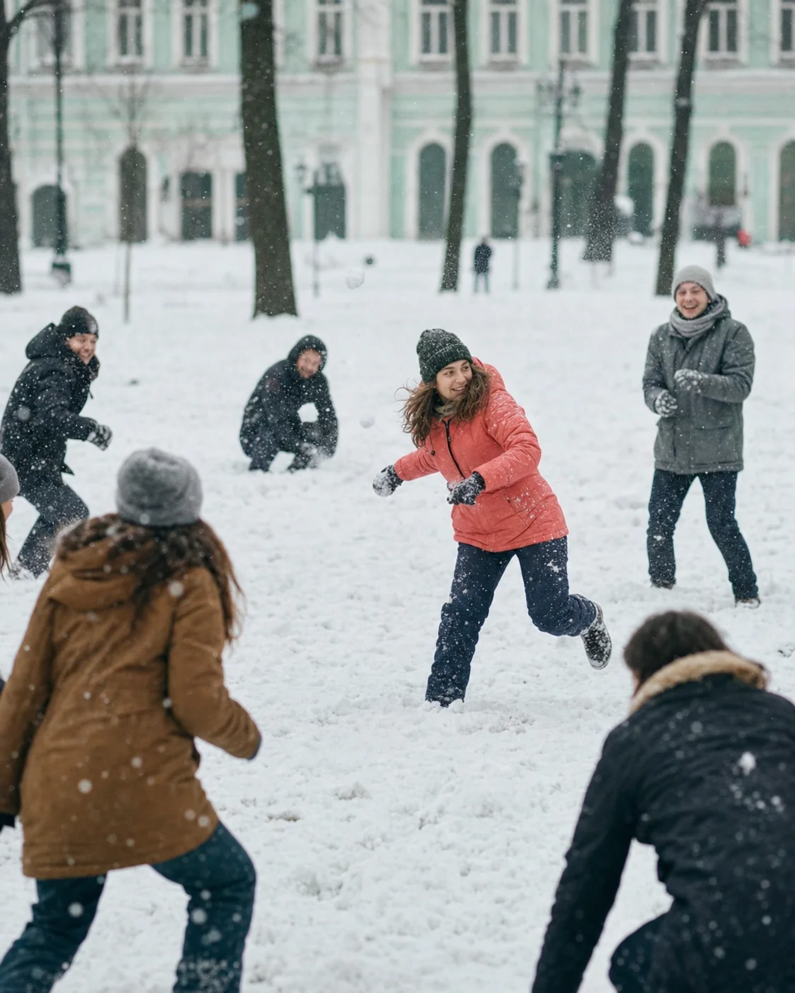 Друзья играют в&nbsp;снежки на&nbsp;площади
